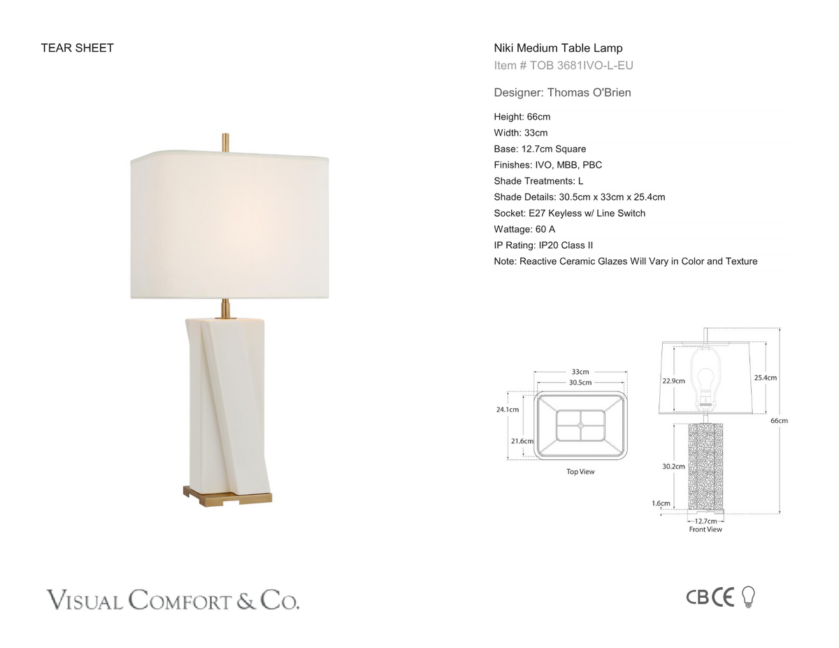 Niki Medium Bordslampa — Thomas O'Brien for Visual Comfort & Co. måttskiss