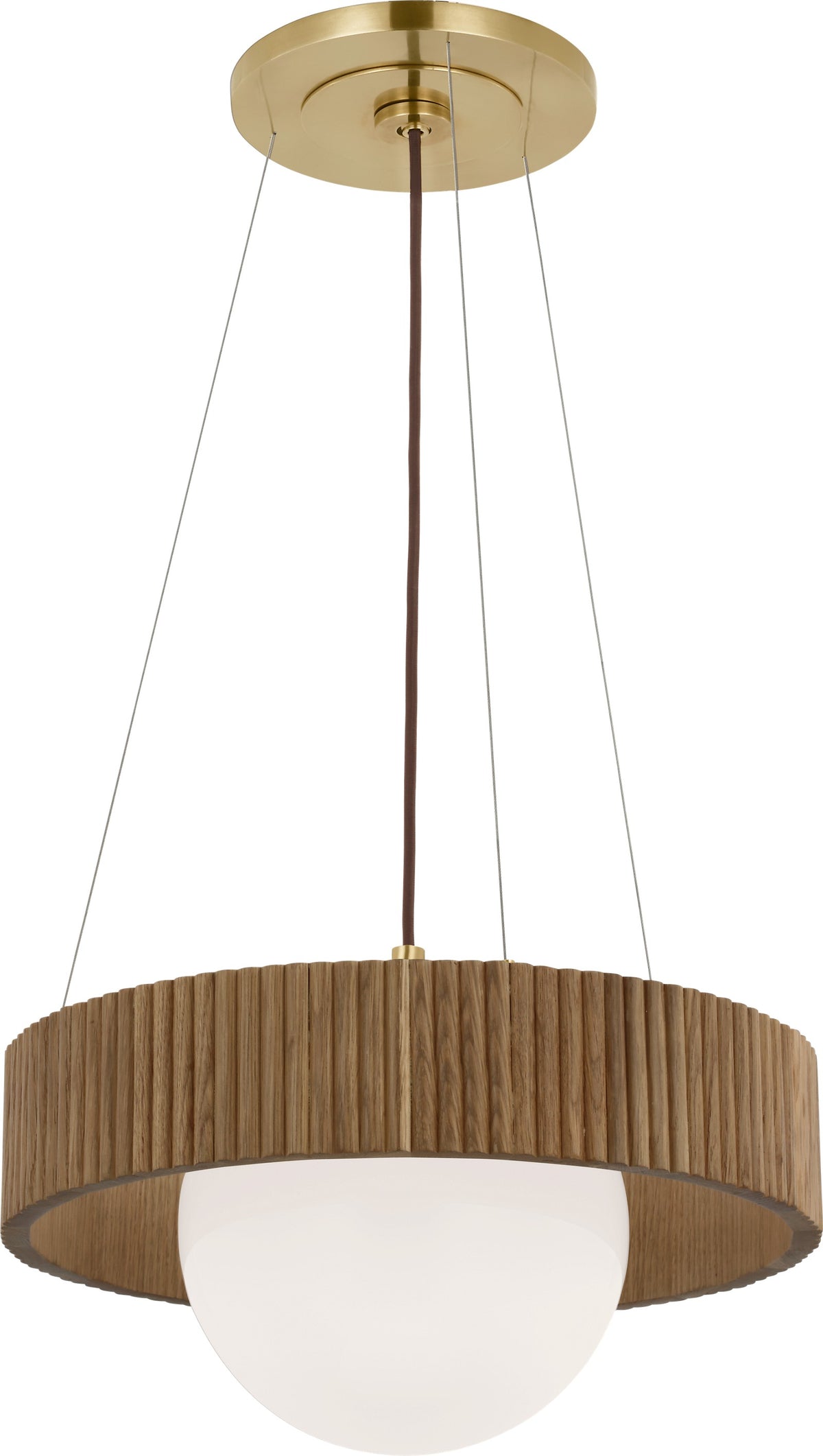 Arena 18" Ring and Globe Takkrona — Windsor Smith for Visual Comfort & Co. — Hand-Rubbed Antique Brass and Natural Oak with White Glass