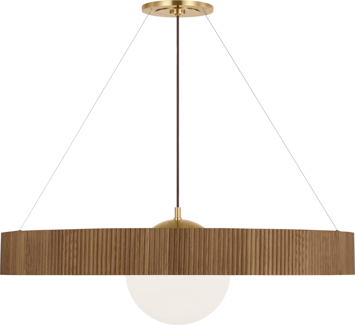 Arena 42" Ring and Globe Takkrona — Windsor Smith for Visual Comfort & Co. — Hand-Rubbed Antique Brass and Natural Oak with White Glass