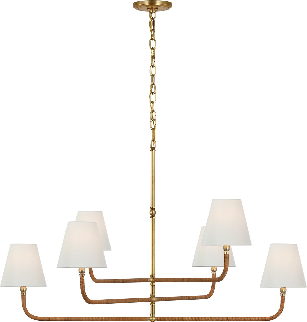 Basden Extra Large Three Tier Takkrona — Chapman & Myers for Visual Comfort & Co. — Antique-Burnished Brass and Natural Rattan with Linen Shades