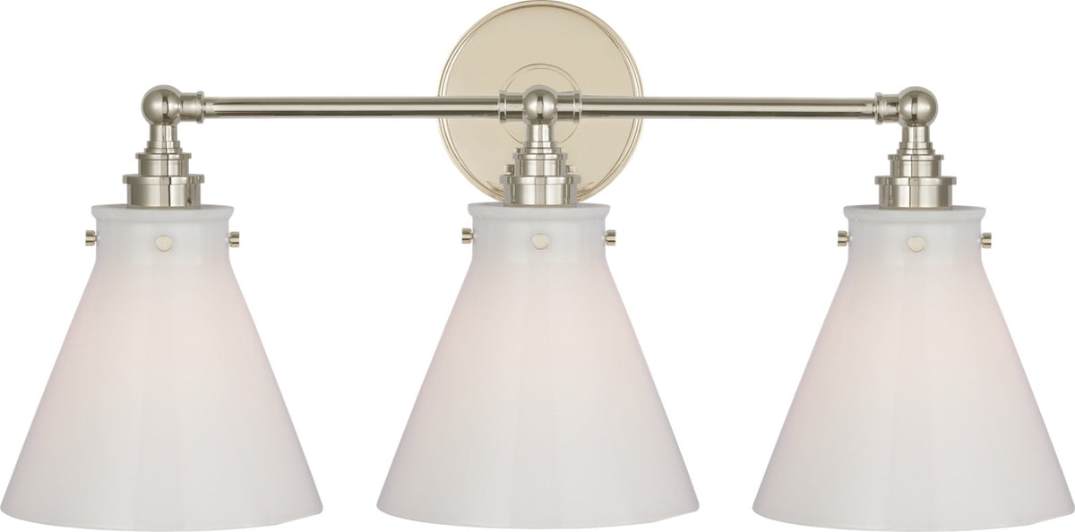 Parkington 24" Three Light -seinävalaisin — Chapman & Myers for Visual Comfort & Co. — Polished Nickel with White Glass