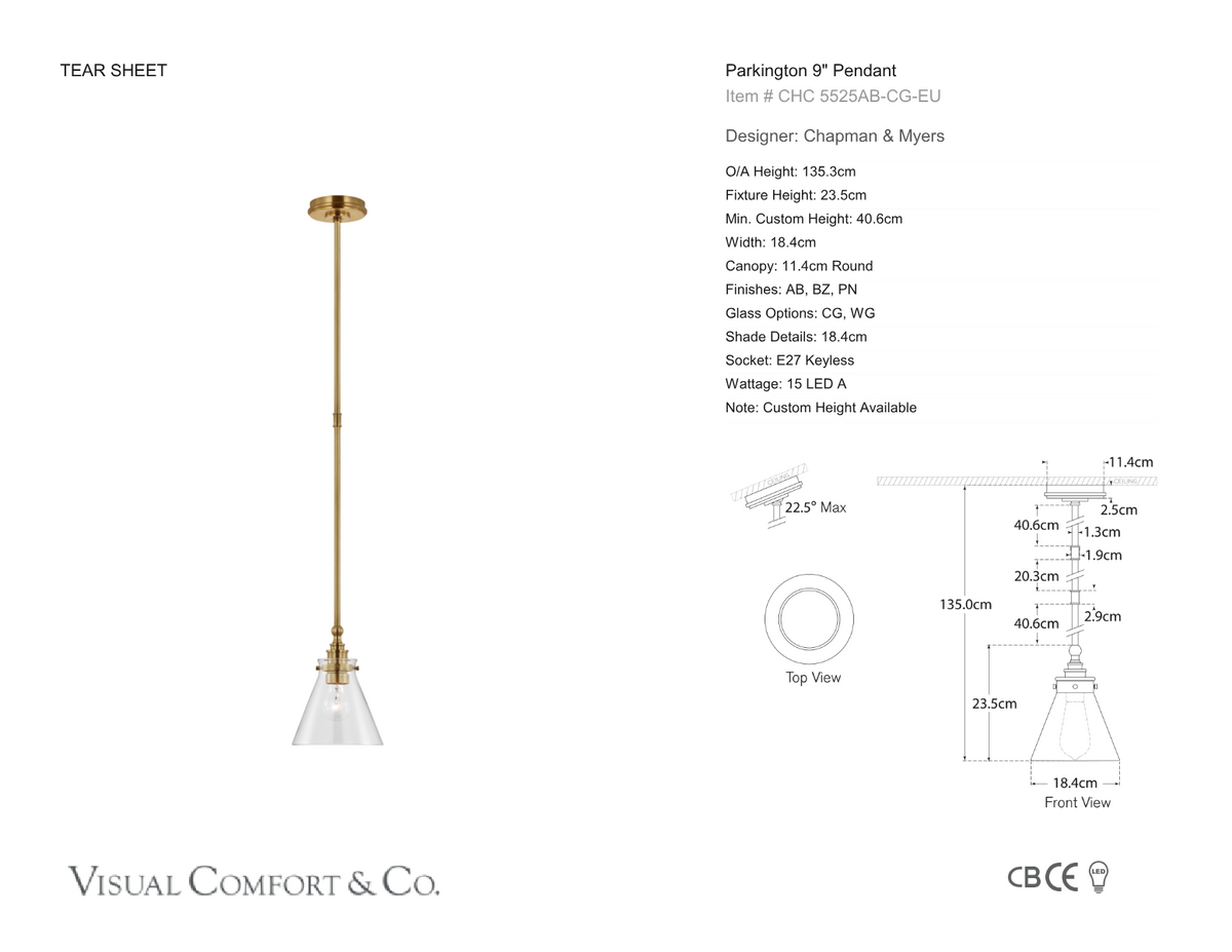 Parkington 9" Takpendel — Chapman & Myers for Visual Comfort & Co. måttskiss
