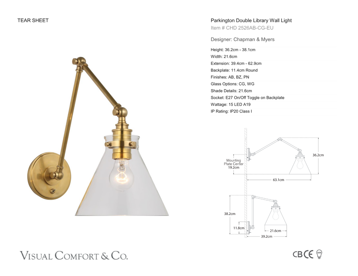 Parkington Double Library Wall Light — Chapman & Myers for Visual Comfort & Co. dimension drawing
