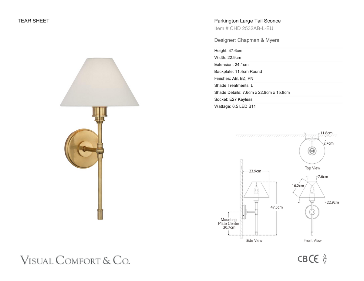 Parkington Large Tail Vägglampa — Chapman & Myers for Visual Comfort & Co. måttskiss