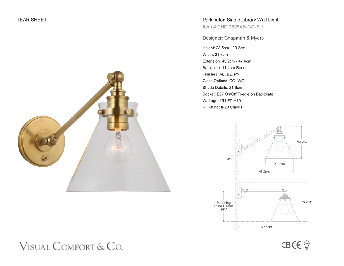 Parkington Single Library Vägglampa — Chapman & Myers for Visual Comfort & Co. måttskiss