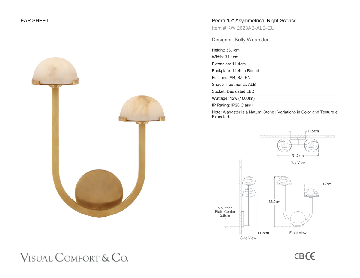 Pedra 15" Asymmetrical Right Wall Light — Kelly Wearstler for Visual Comfort & Co. dimension drawing