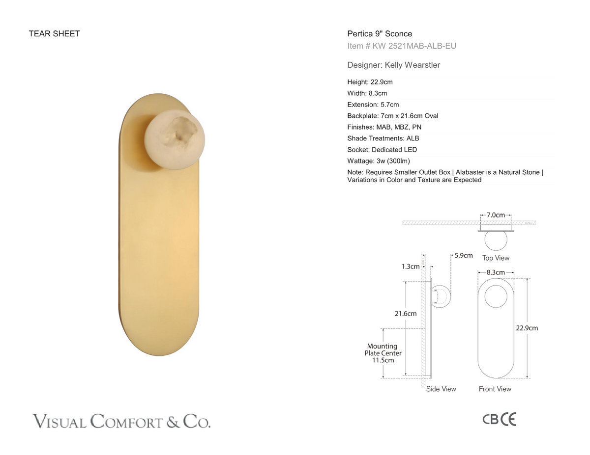 Pertica 9" Wall Light — Kelly Wearstler for Visual Comfort & Co. dimension drawing