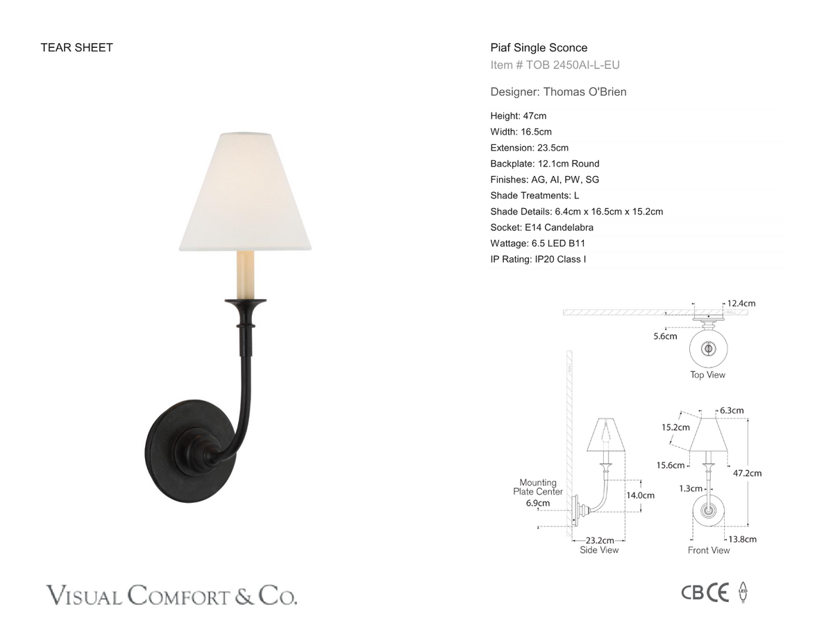 Piaf Single Vägglampa — Thomas O'Brien for Visual Comfort & Co. måttskiss
