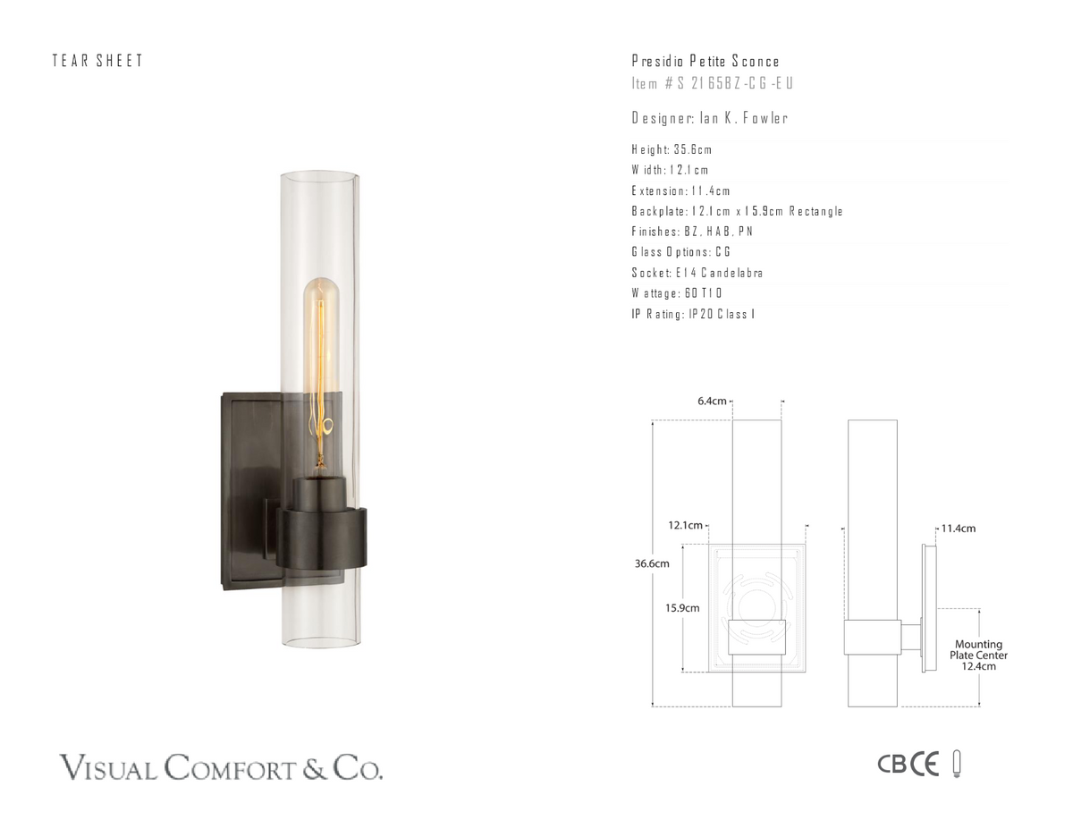 Presidio Petite Vägglampa — Ian K. Fowler for Visual Comfort & Co. måttskiss
