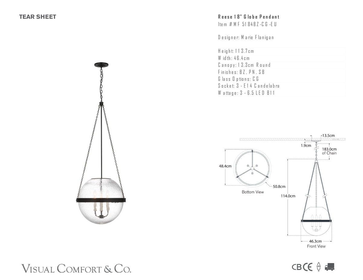Reese 18" Globe Takpendel — Marie Flanigan for Visual Comfort & Co. måttskiss