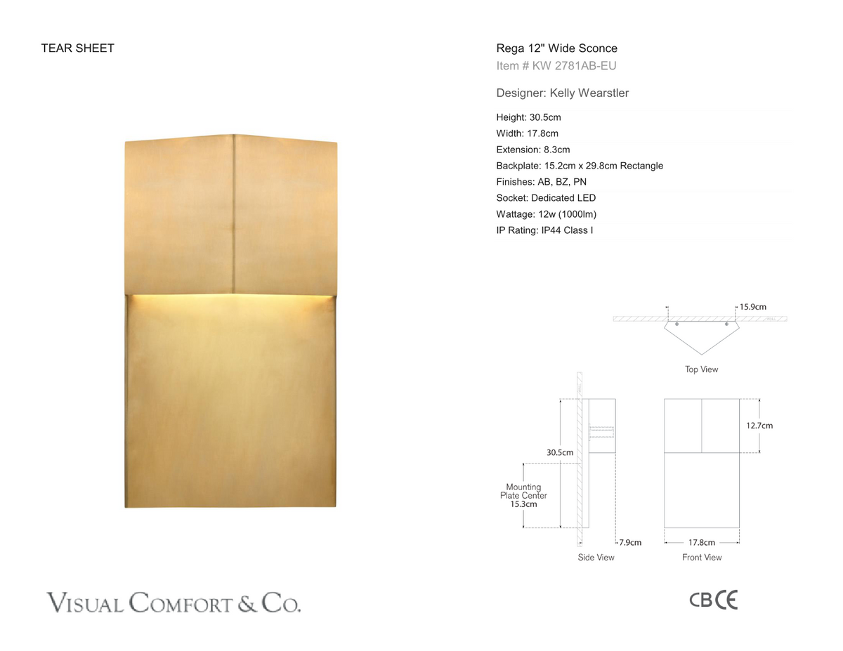 Rega 12" Wide Utomhuslampa — Kelly Wearstler for Visual Comfort & Co. måttskiss