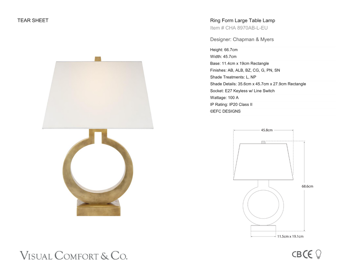 Ring Form Large Bordslampa — Chapman & Myers for Visual Comfort & Co. måttskiss