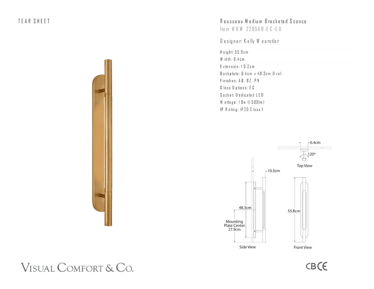 Rousseau Medium Bracketed Vägglampa — Kelly Wearstler for Visual Comfort & Co. måttskiss