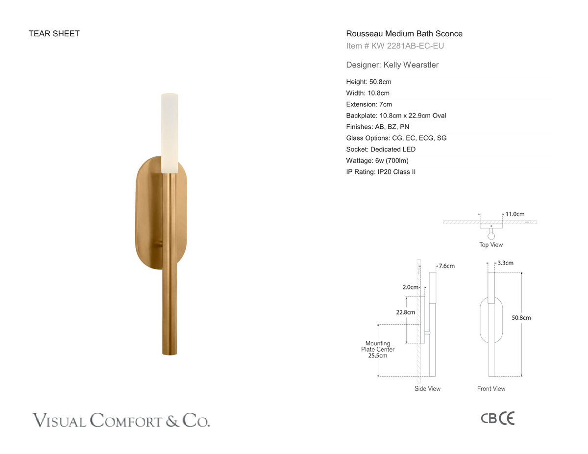 Rousseau Medium Vägglampa — Kelly Wearstler for Visual Comfort & Co. måttskiss