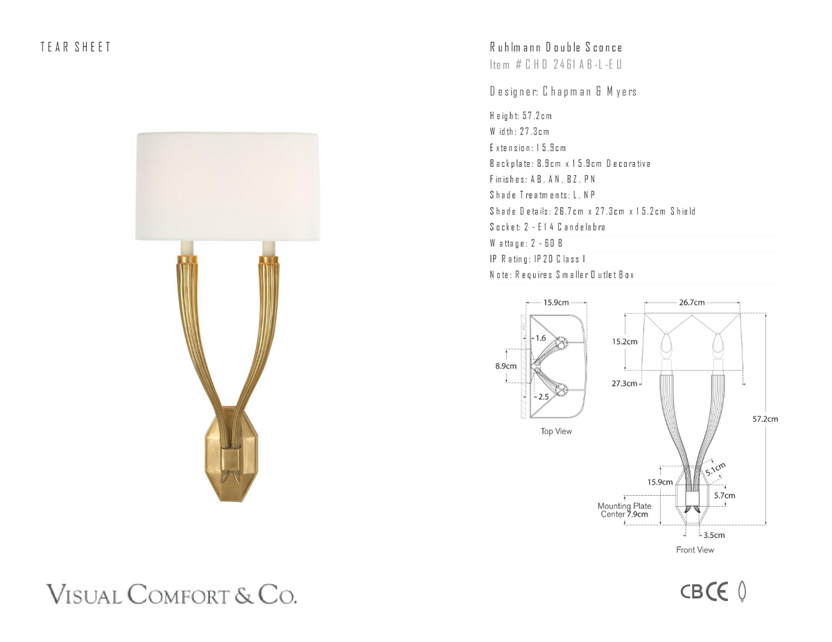 Ruhlmann Double Vägglampa — Chapman & Myers for Visual Comfort & Co. måttskiss