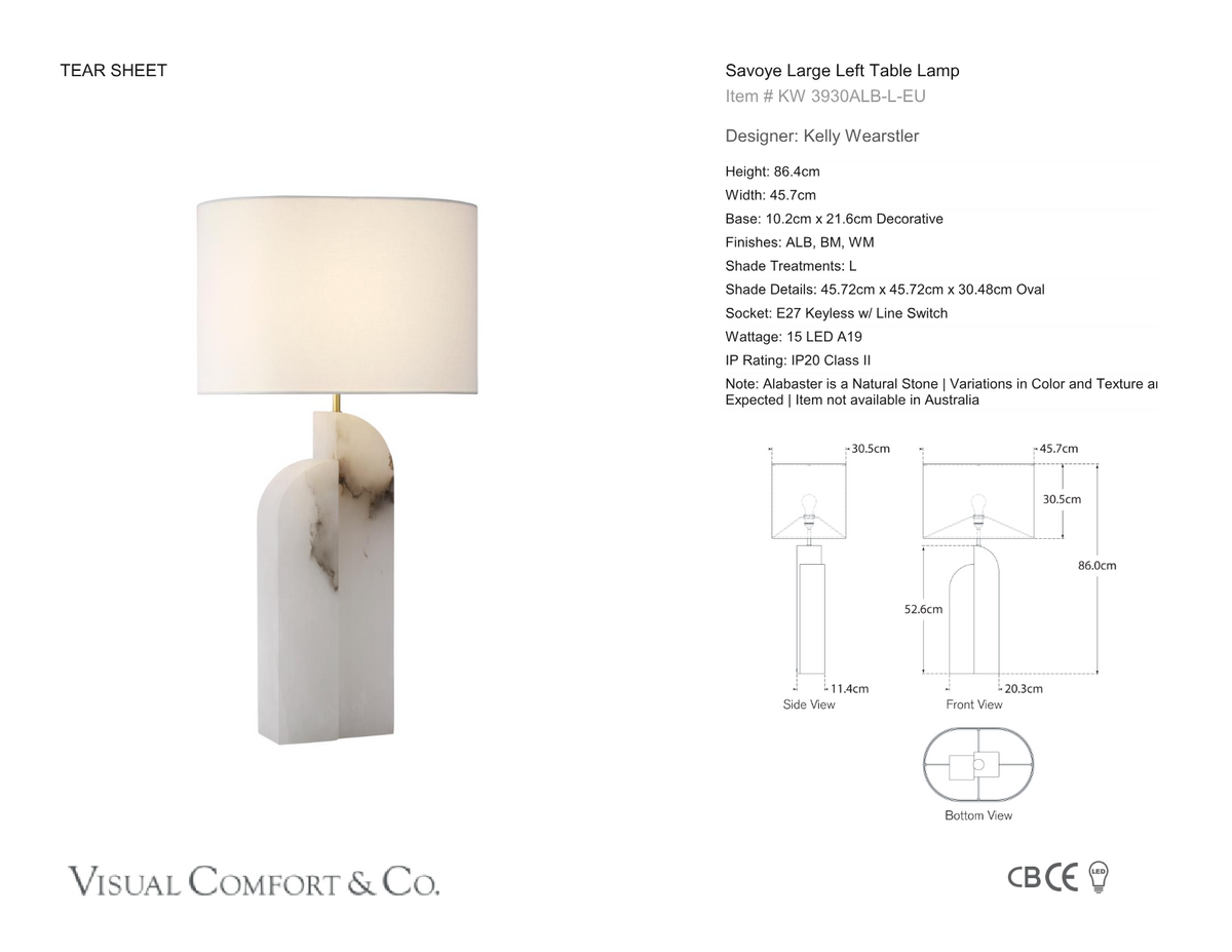 Savoye Large Left Bordslampa — Kelly Wearstler for Visual Comfort & Co. måttskiss