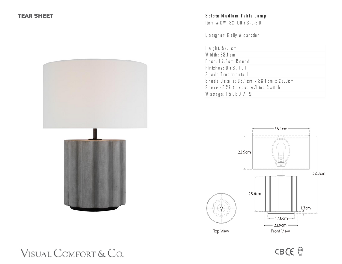 Scioto Medium Bordslampa — Kelly Wearstler for Visual Comfort & Co. måttskiss