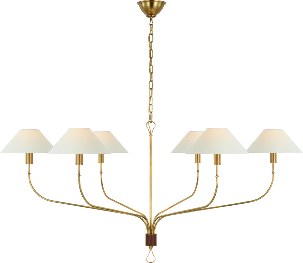 Griffin Extra Large Tail Takkrona — Amber Lewis for Visual Comfort & Co. — Hand-Rubbed Antique Brass and Saddle Leather with Linen Shades