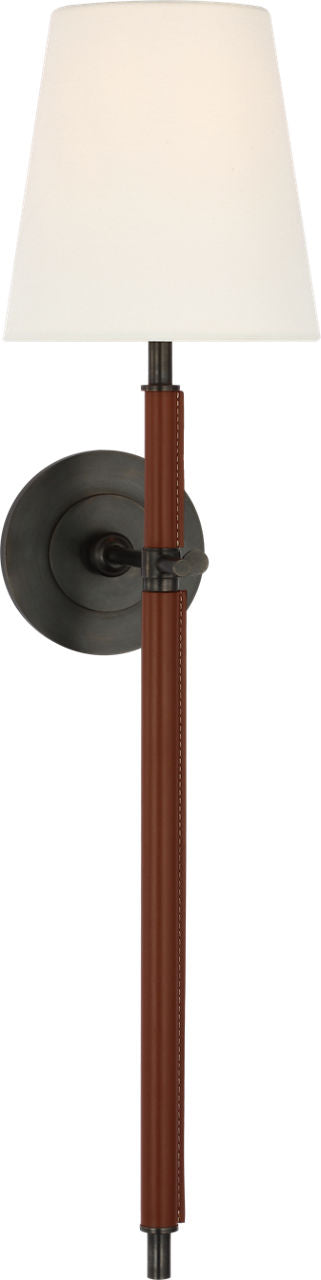 Bryant Large Wrapped Tail Vägglampa — Thomas O'Brien for Visual Comfort & Co. — Bronze and Saddle Leather with Linen Shade