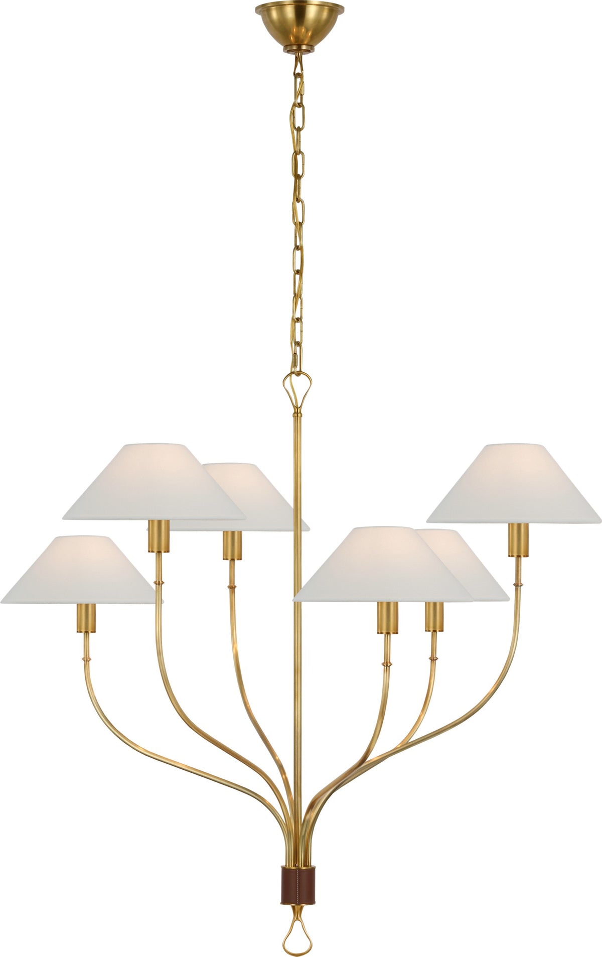 Griffin Large Staggered Tail Takkrona — Amber Lewis for Visual Comfort & Co. — Hand-Rubbed Antique Brass and Saddle Leather with Linen Shades