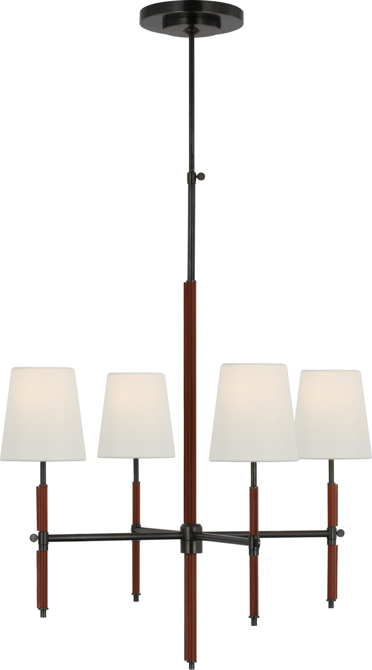 Bryant Small Wrapped Chandelier — Thomas O'Brien for Visual Comfort & Co. — Bronze and Saddle Leather with Linen Shades