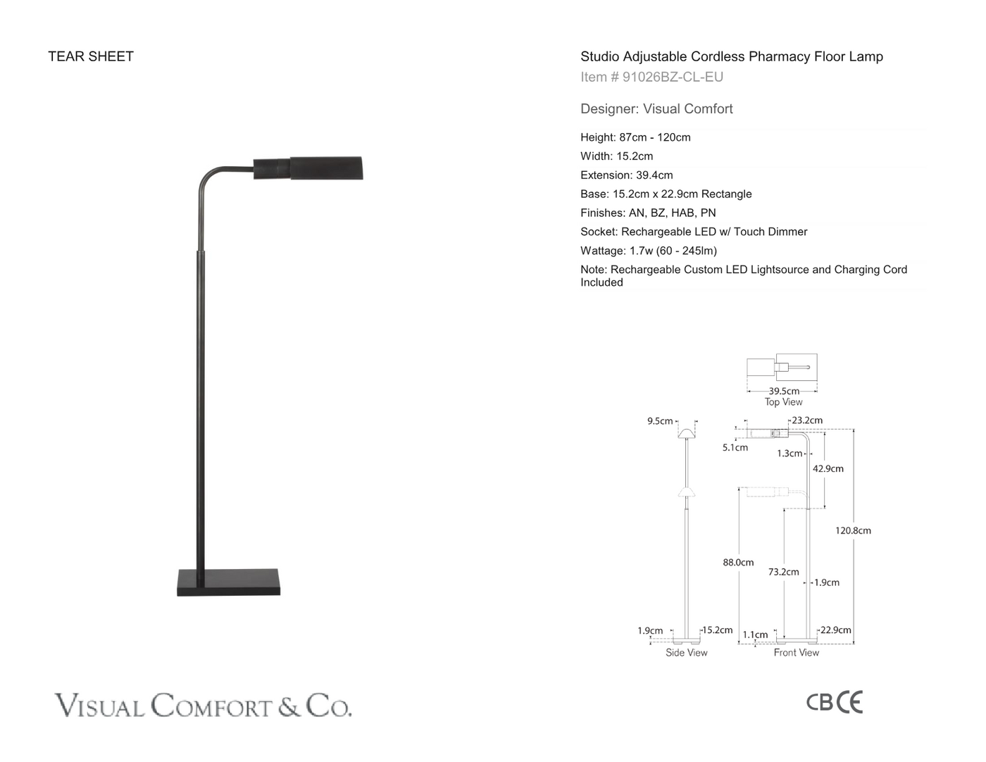 Studio Adjustable Cordless Pharmacy Golvlampa måttskiss