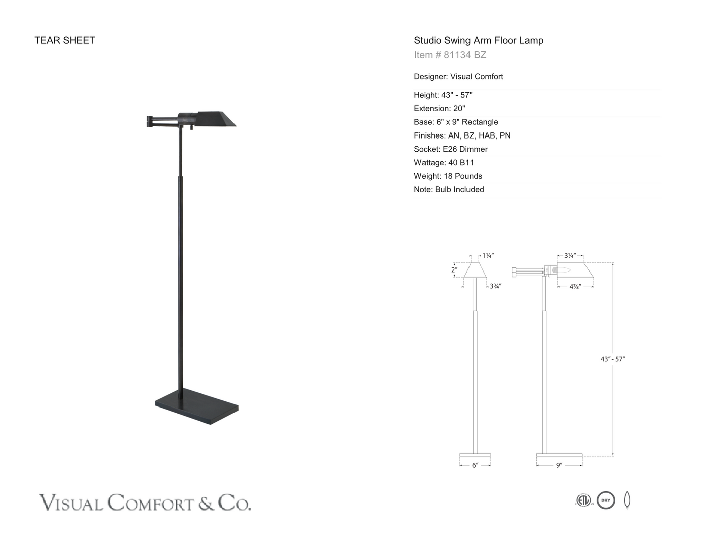 Studio Swing Arm Golvlampa måttskiss