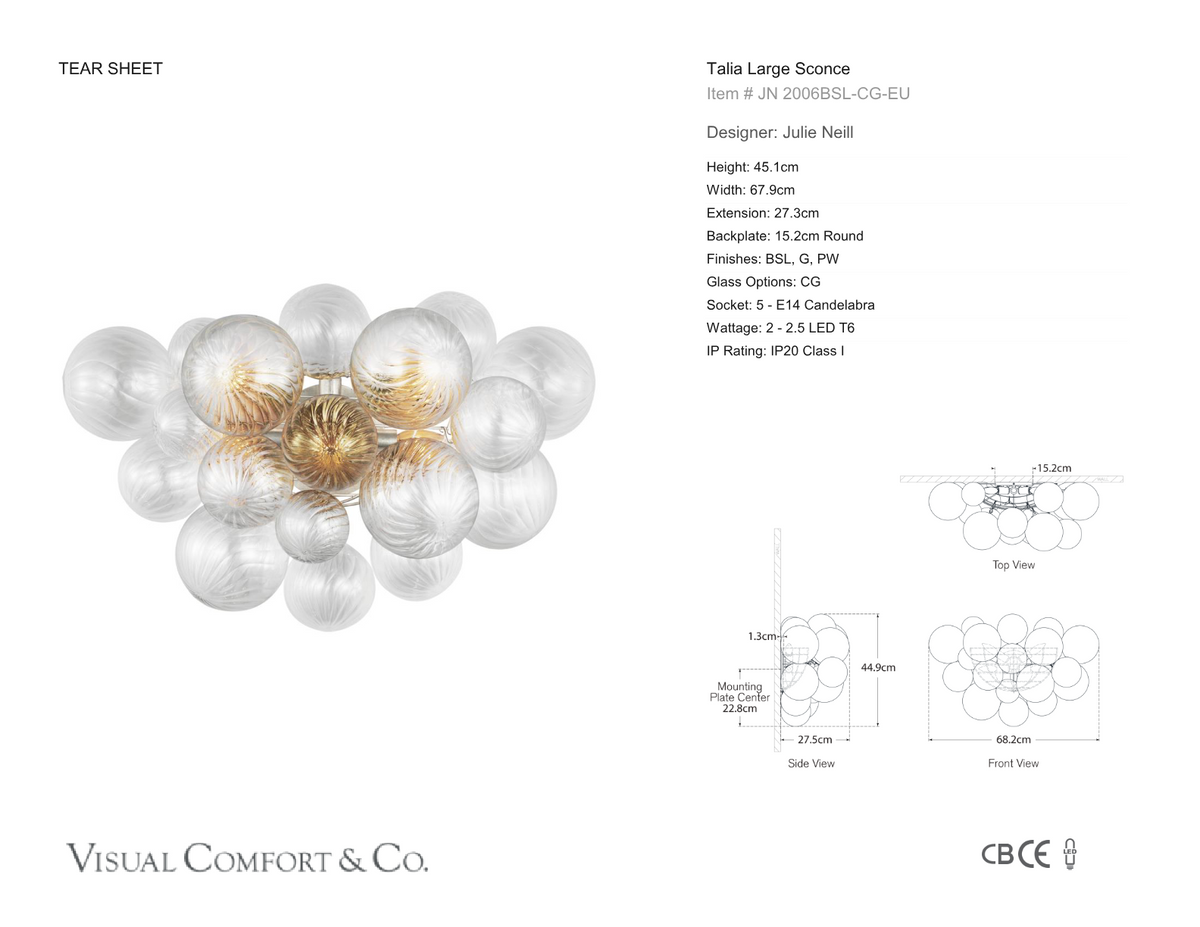 Talia Large Wall Light — Julie Neill for Visual Comfort & Co. dimension drawing