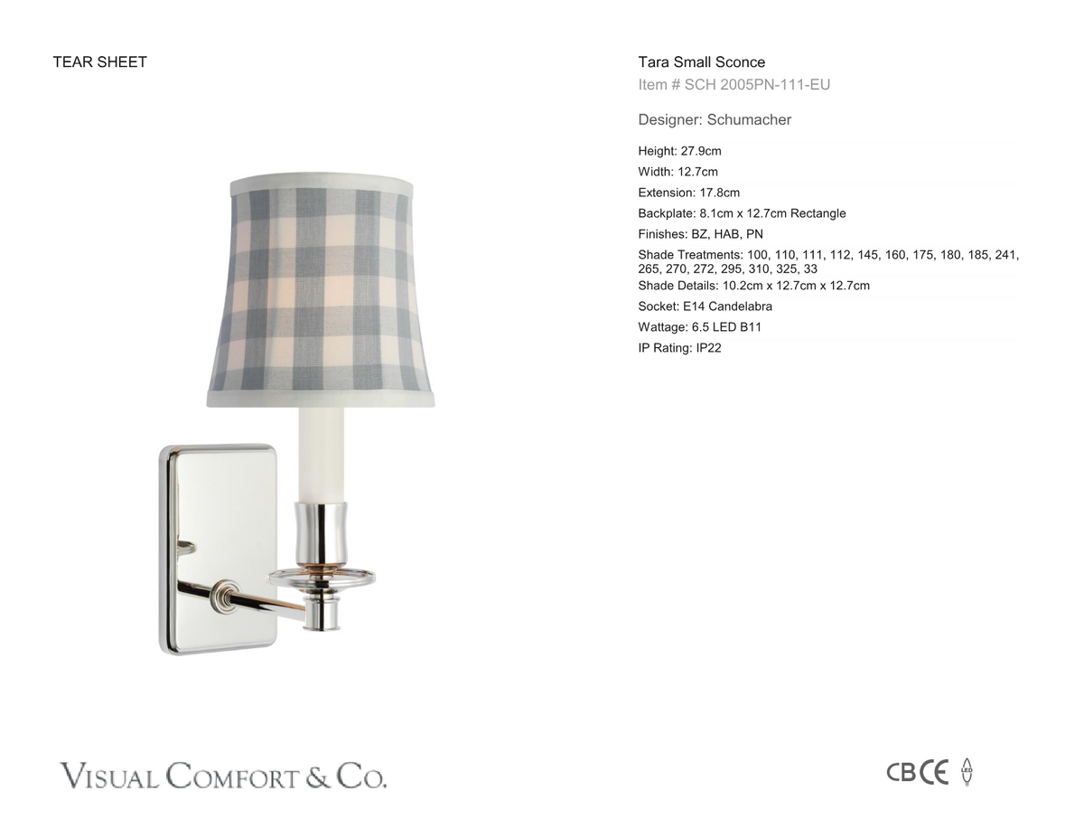 Tara Small Vägglampa — Schumacher for Visual Comfort & Co. måttskiss
