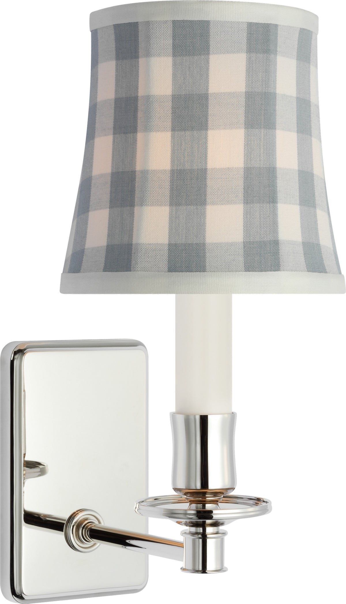 Tara Small Vägglampa — Schumacher for Visual Comfort & Co. — Polished Nickel with Schumacher Sky Elton Check Soft Empire Shade detaljbild