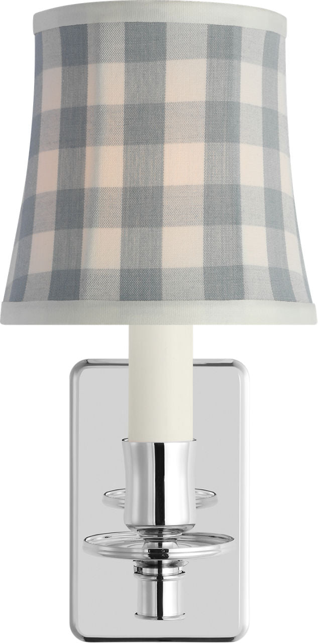 Tara Small Vägglampa — Schumacher for Visual Comfort & Co. — Polished Nickel with Schumacher Sky Elton Check Soft Empire Shade