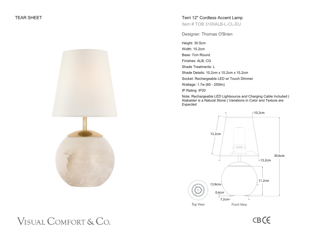 Terri 12" Cordless Table Lamp — Thomas O'Brien for Visual Comfort & Co. dimension drawing