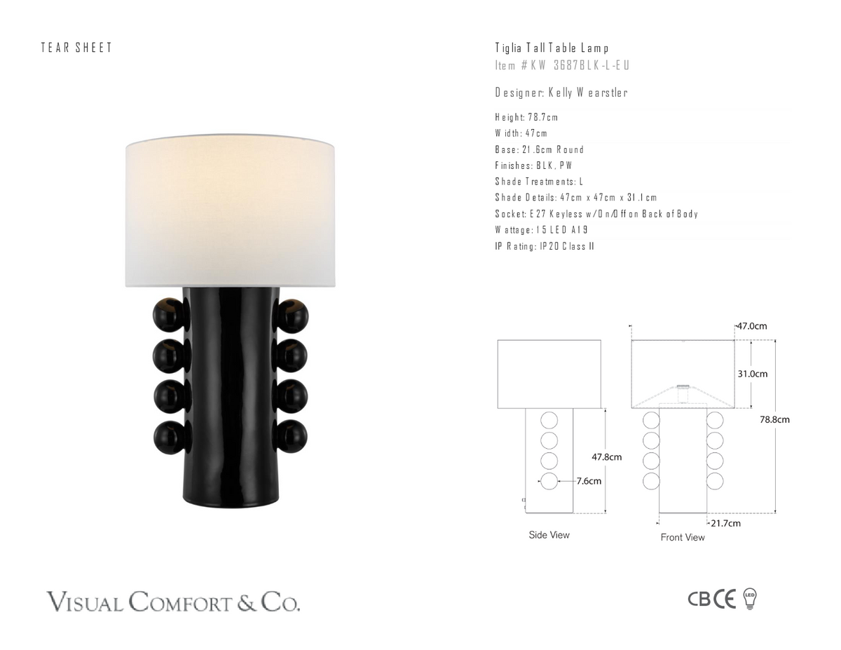 Tiglia Tall Bordslampa — Kelly Wearstler for Visual Comfort & Co. måttskiss