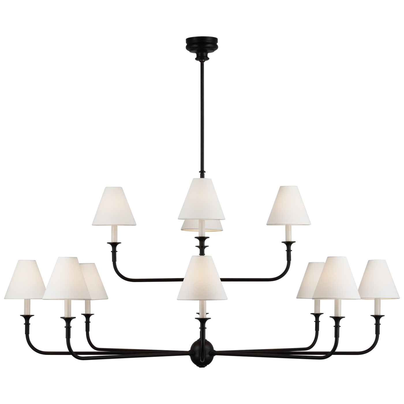 Piaf Taklampa Two-Tier – Aged Iron And Ebonized Oak With Linen Shades