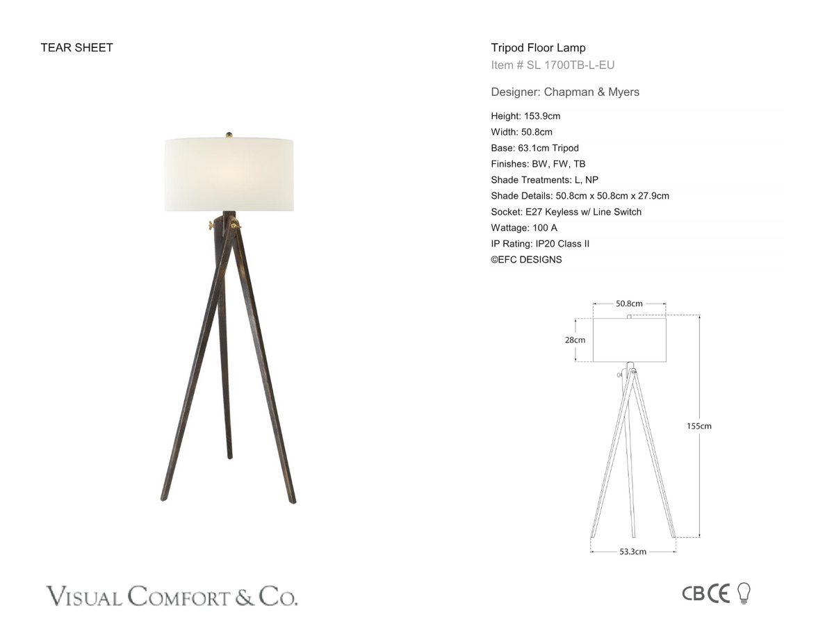 Tripod-lattiavalaisin — Chapman & Myers for Visual Comfort & Co. mittapiirros