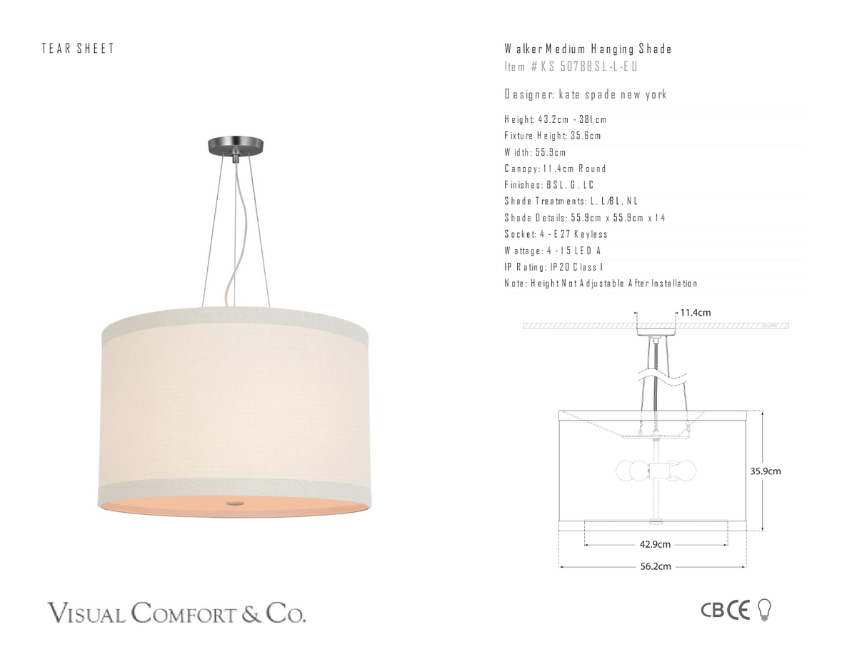 Walker Medium Taklampa — kate spade new york for Visual Comfort & Co. måttskiss