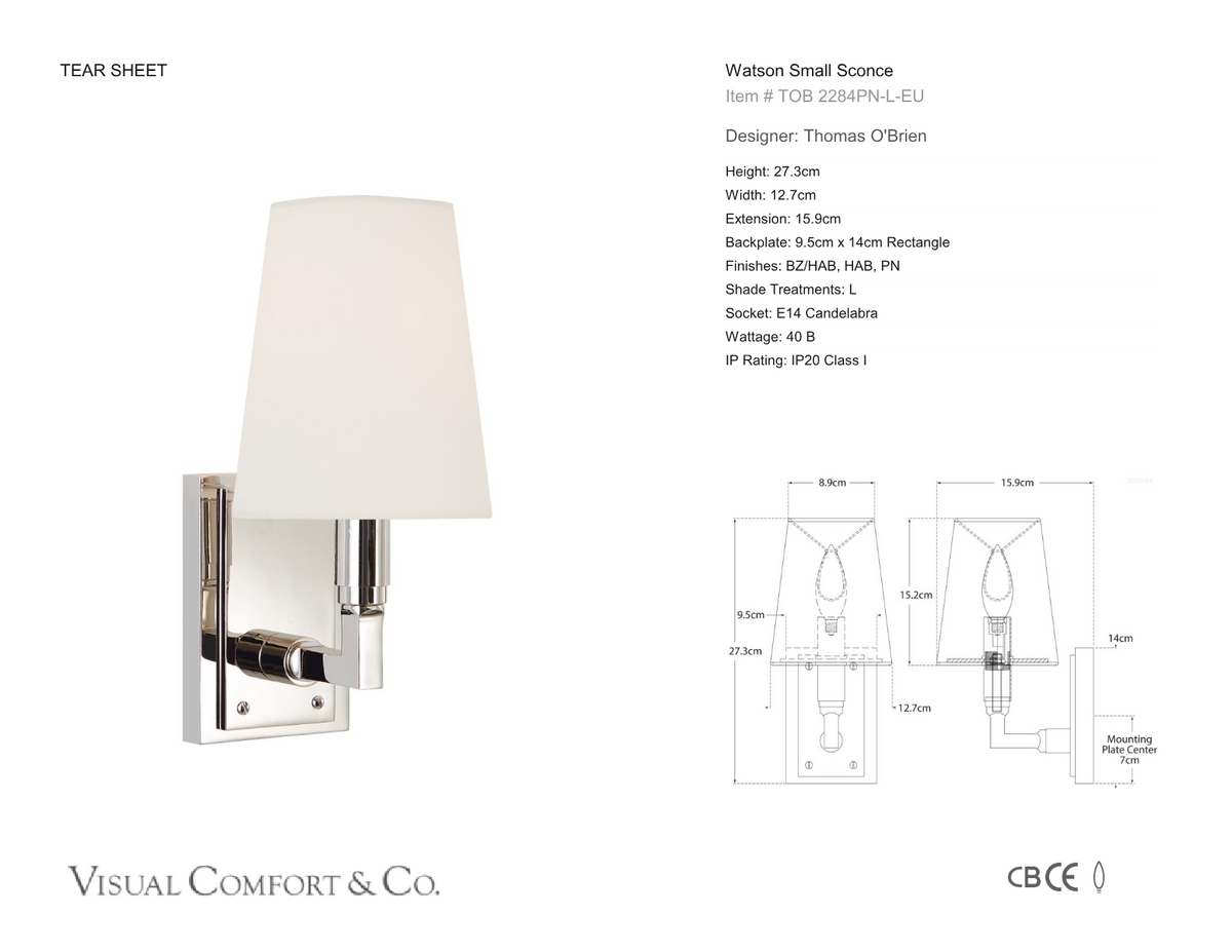 Watson Small Wall Light — Thomas O'Brien for Visual Comfort & Co. dimension drawing