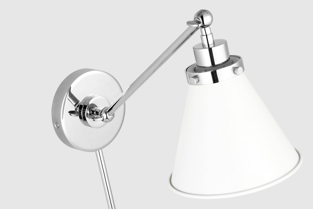Wellfleet Single Arm Cone Task Vägglampa — Chapman & Myers for Visual Comfort & Co. — Matte White and Polished Nickel with Matte White detaljbild