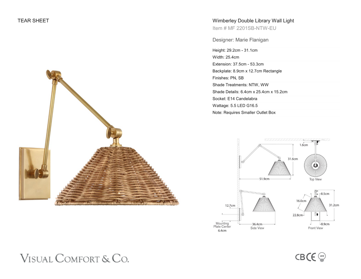 Wimberley Double Library Wall Light — Marie Flanigan for Visual Comfort & Co. dimension drawing