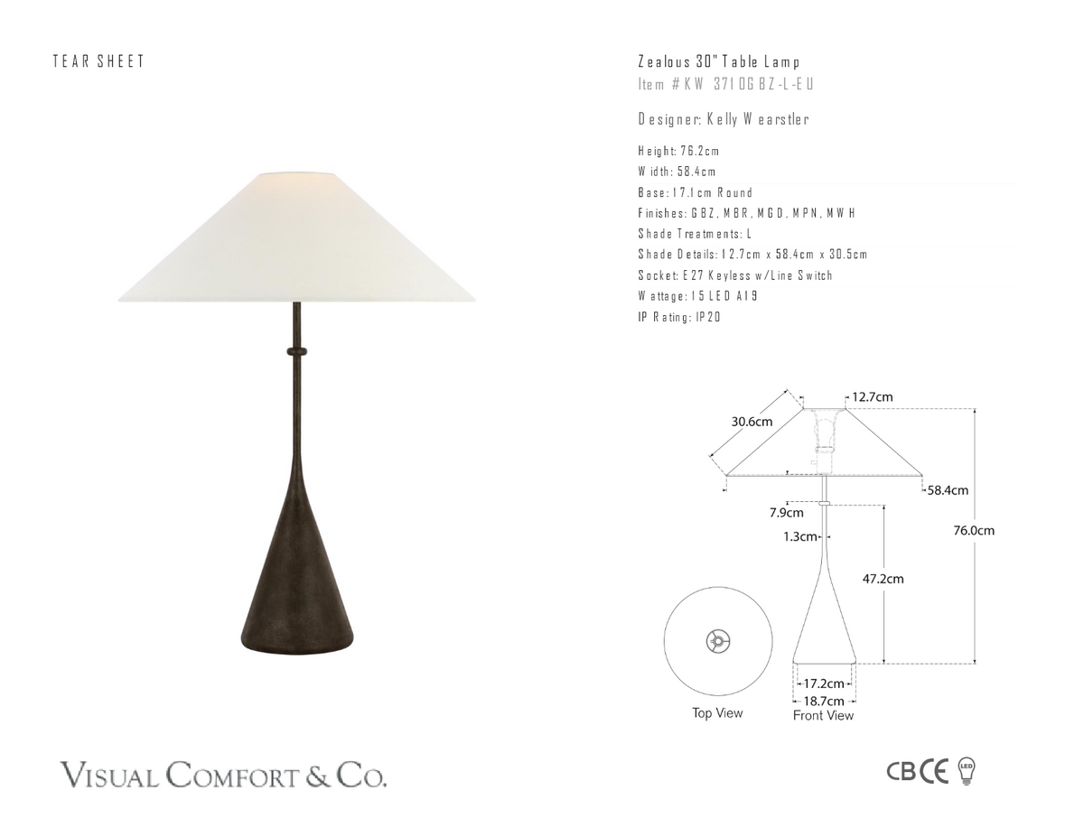 Zealous 30" Bordslampa — Kelly Wearstler for Visual Comfort & Co. måttskiss
