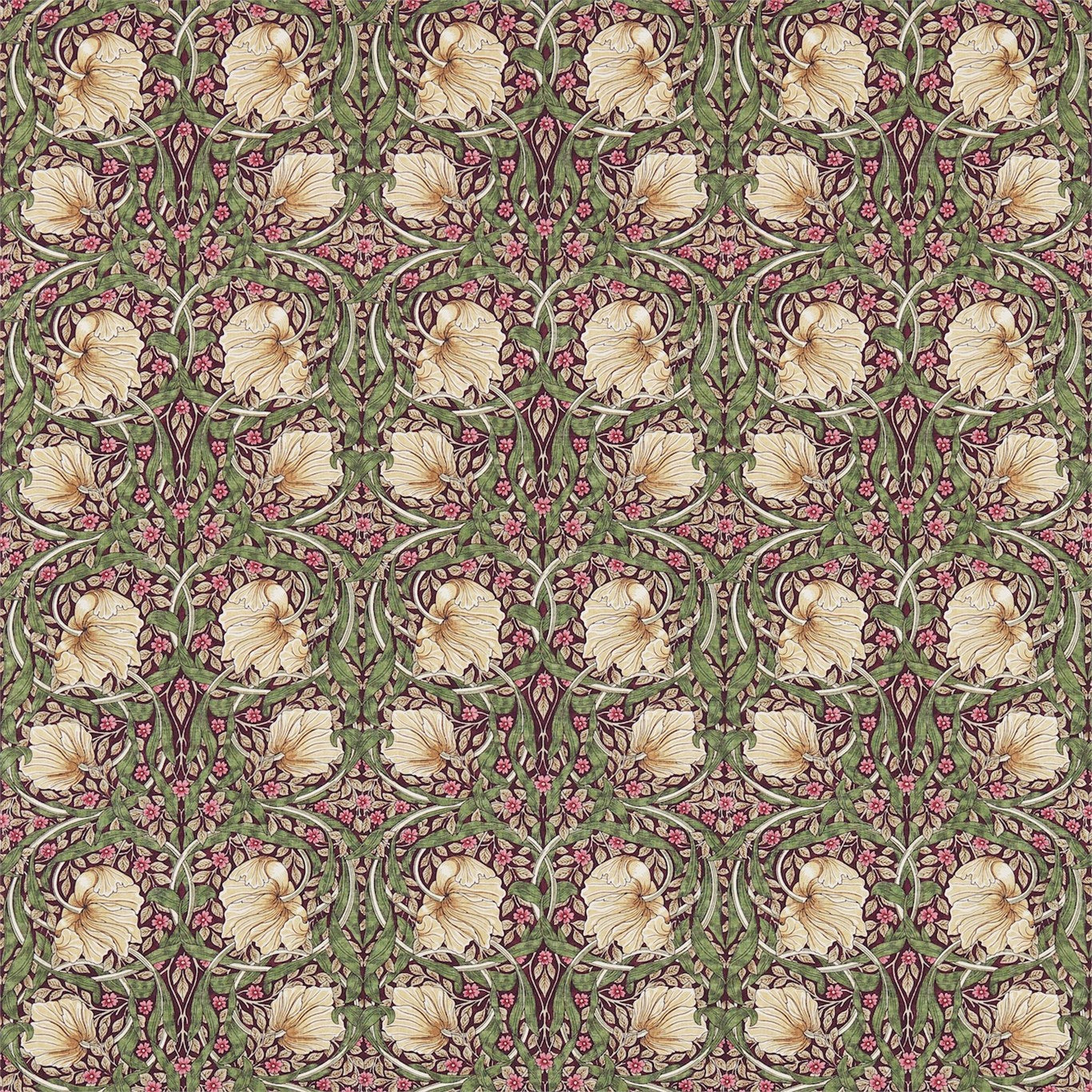 Morris and Co Tyg Pimpernel Aubergine Olive