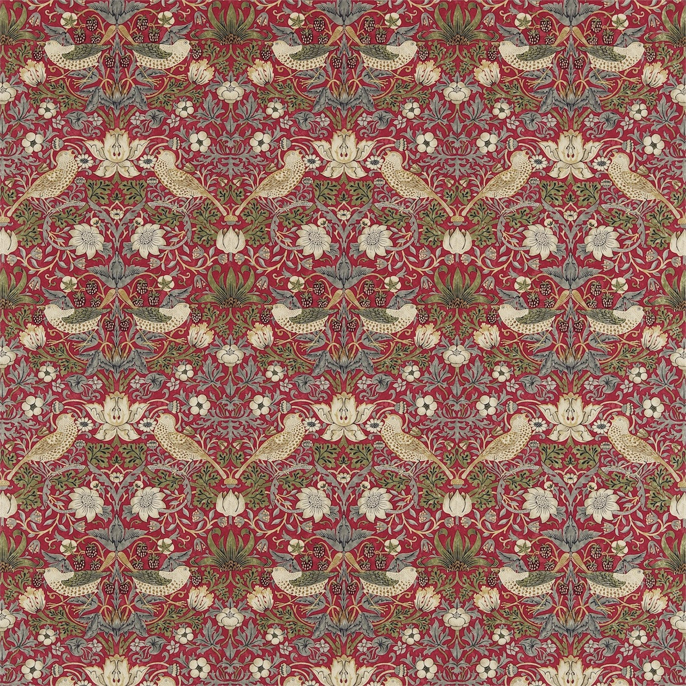Morris and Co Tyg Strawberry Thief Crimson Slate