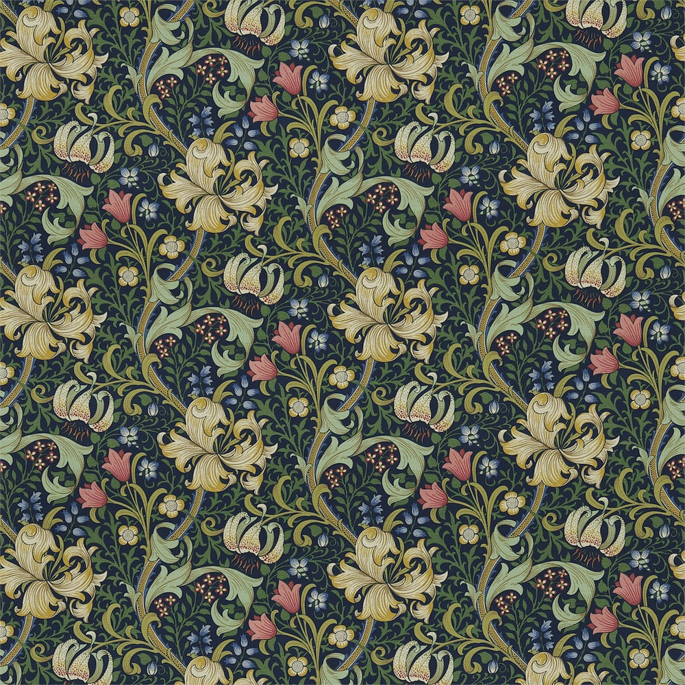 Morris and Co Tyg Golden Lily Midnight Green