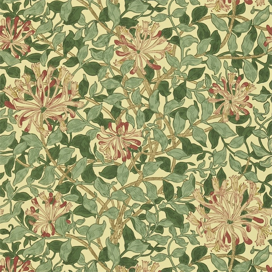 Morris and Co Tapet Honeysuckle Green Coral Pink
