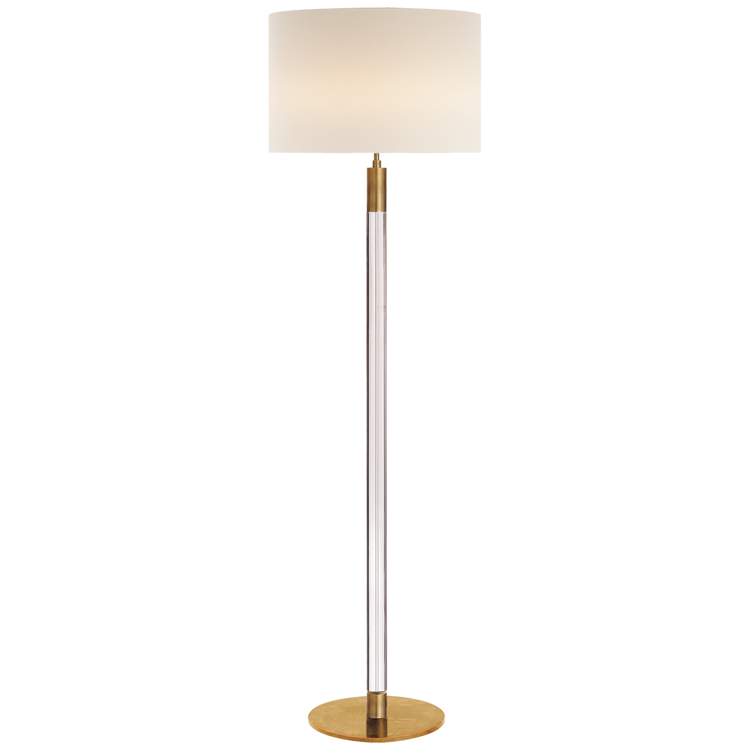 Riga Floor Lamp in Hand-Rubbed Antique Brass and Clear Glass with Linen Shade