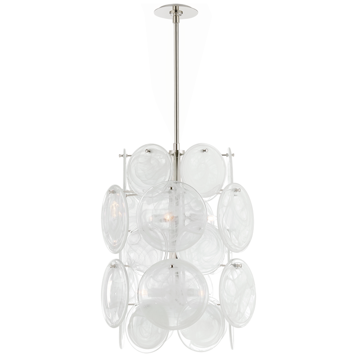 Loire Medium Barrel Chandelier in Polished Nickel with White Strie Glass