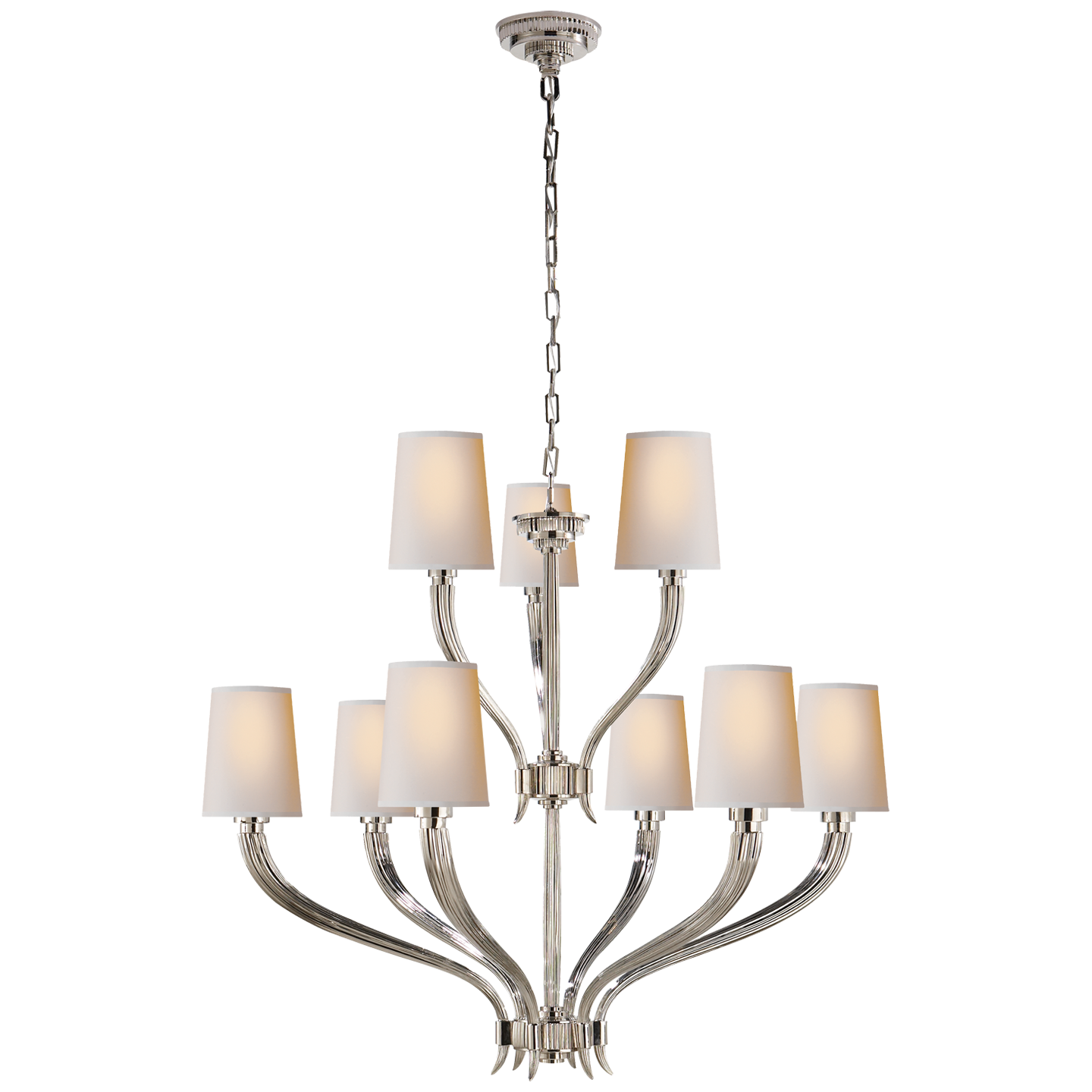 Lade das Bild in den Galerie-Viewer, Ruhlmann 2-Tier Chandelier in Polished Nickel with Natural Paper Shades

