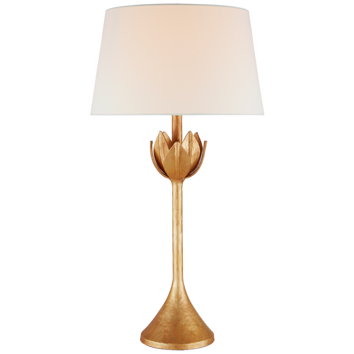 Alberto Large Table Lamp in Antique Gold Leaf with Linen Shade