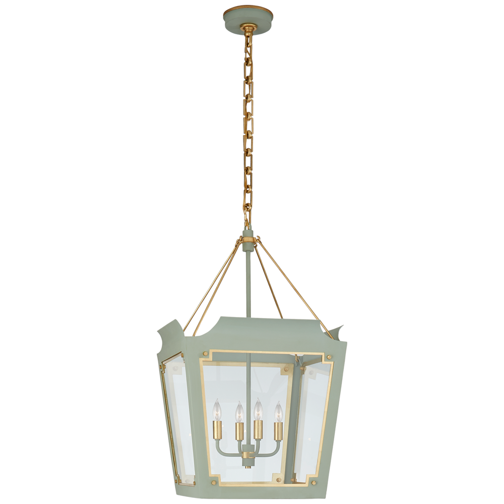 Caddo Medium Lantern in Celadon and Gild with Clear Glass