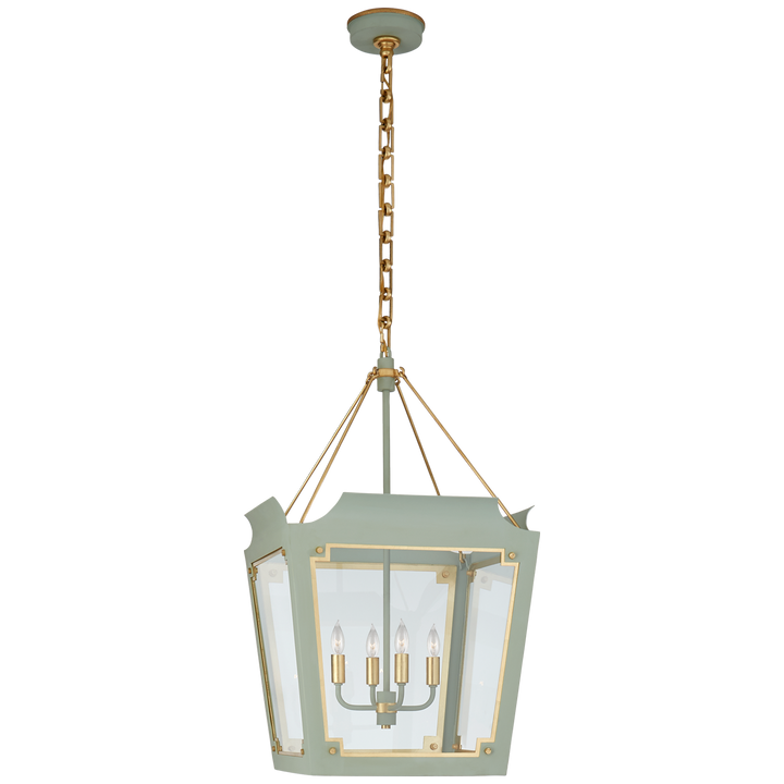 Caddo Medium Lantern in Celadon and Gild with Clear Glass